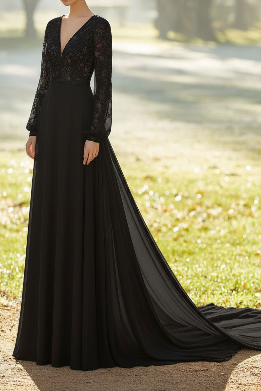 Ivory Wedding Dresses With Court Train A Line Long Sleeves Lace V Neck Bridal Gowns