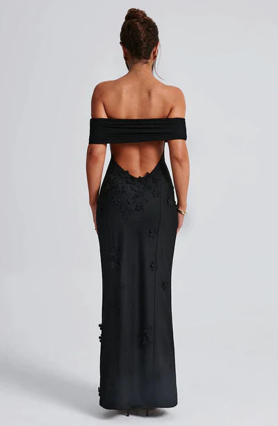 A-Line Off-the-Shoulder 3D floral appliques Thigh high split Front fork Formal Prom Dress