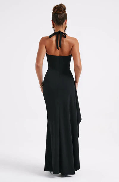 Sexy Plume Neck Halter Ruffle Detail Front Slit Formal Prom Dress