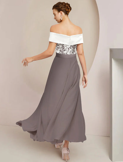 Aimishang A-Line Mother of the Bride Dress Wedding Guest Elegant Off Shoulder Ankle Length Stretch Fabric Short Sleeve with Appliques Ruching