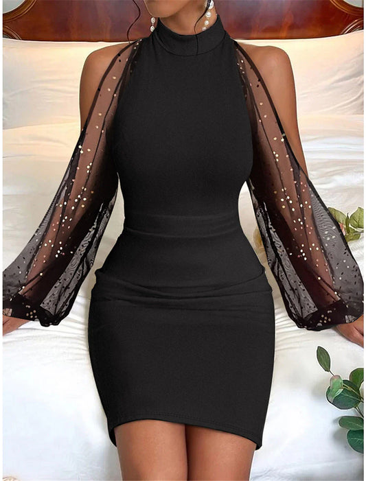 Women's Little Black Dress Sexy Dress Party Dress Wedding Guest Dress Homecoming Dress Mini Dress Blue Long Sleeve Mesh Dress Spring Fall Winter Stand Collar Fashion Winter Dress