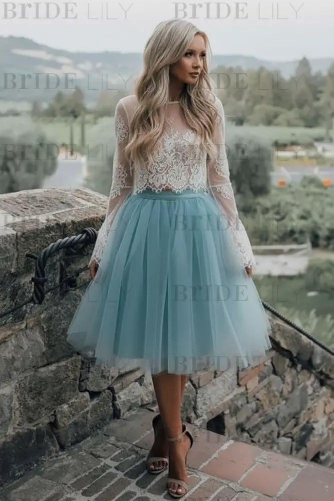 Blue Simple Wedding Dress A Line Designed Neckline Lace Tulle Bridal Gowns