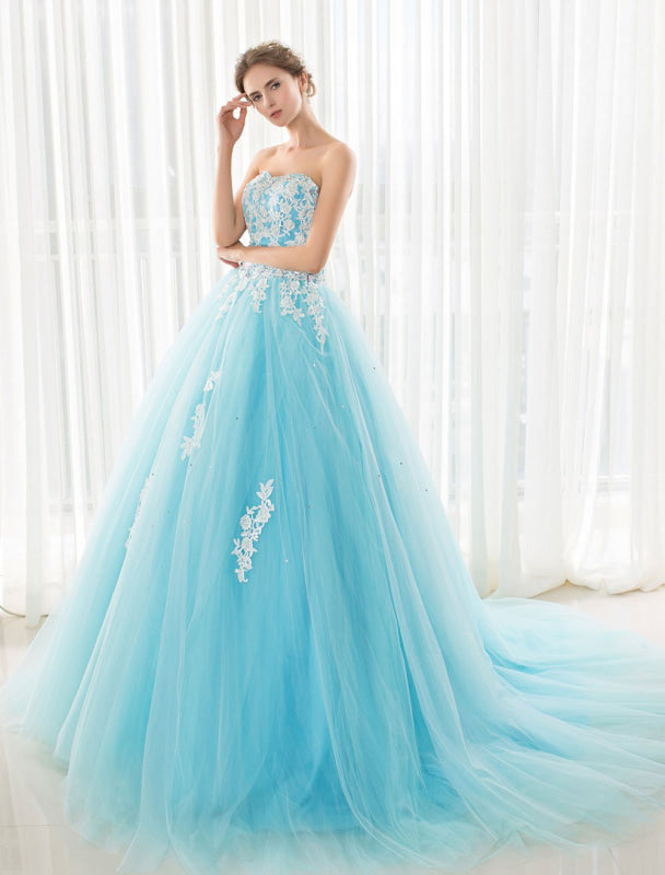 Blue Wedding Dress Lace Applique Tulle Court Train Strapless Sweetheart Lace-Up A-Line Bridal Gown