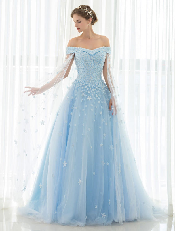 Blue Wedding Dress Lace Flower Applique Off-The-Shoulder Tulle Cape Chaple Train A-Line Bridal Gown