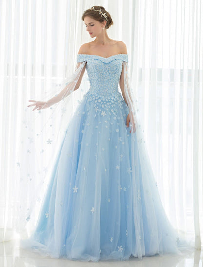Blue Wedding Dress Lace Flower Applique Off-The-Shoulder Tulle Cape Chaple Train A-Line Bridal Gown