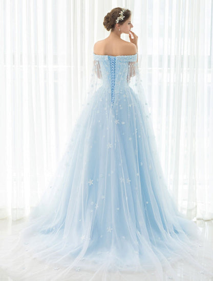 Blue Wedding Dress Lace Flower Applique Off-The-Shoulder Tulle Cape Chaple Train A-Line Bridal Gown