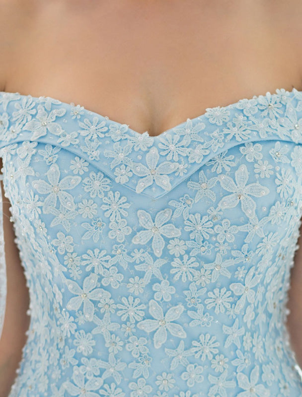 Blue Wedding Dress Lace Flower Applique Off-The-Shoulder Tulle Cape Chaple Train A-Line Bridal Gown