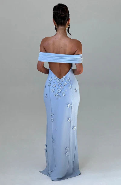 A-Line Off-the-Shoulder 3D floral appliques Thigh high split Front fork Formal Prom Dress