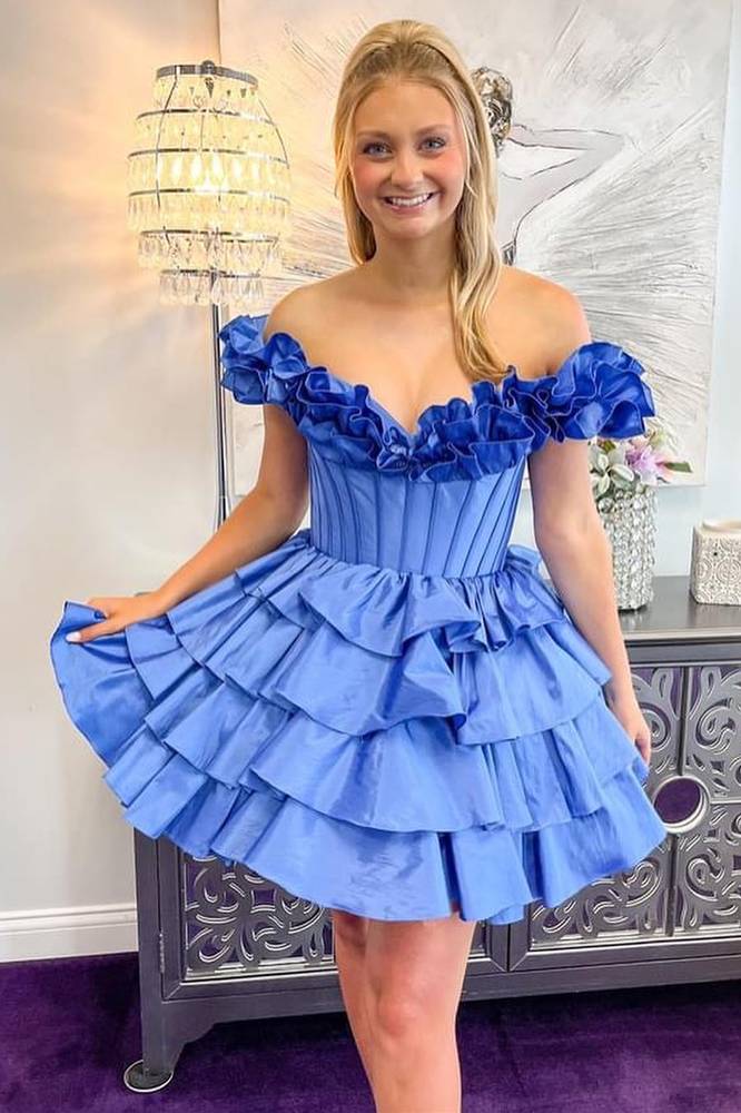 Off the Shoulder Fuchsia Tiered A-Line Homecoming Dress