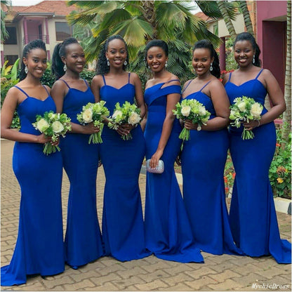 African Satin Blue Mermaid Bridesmaid Dresses Spaghetti Straps Wedding Guest Dress