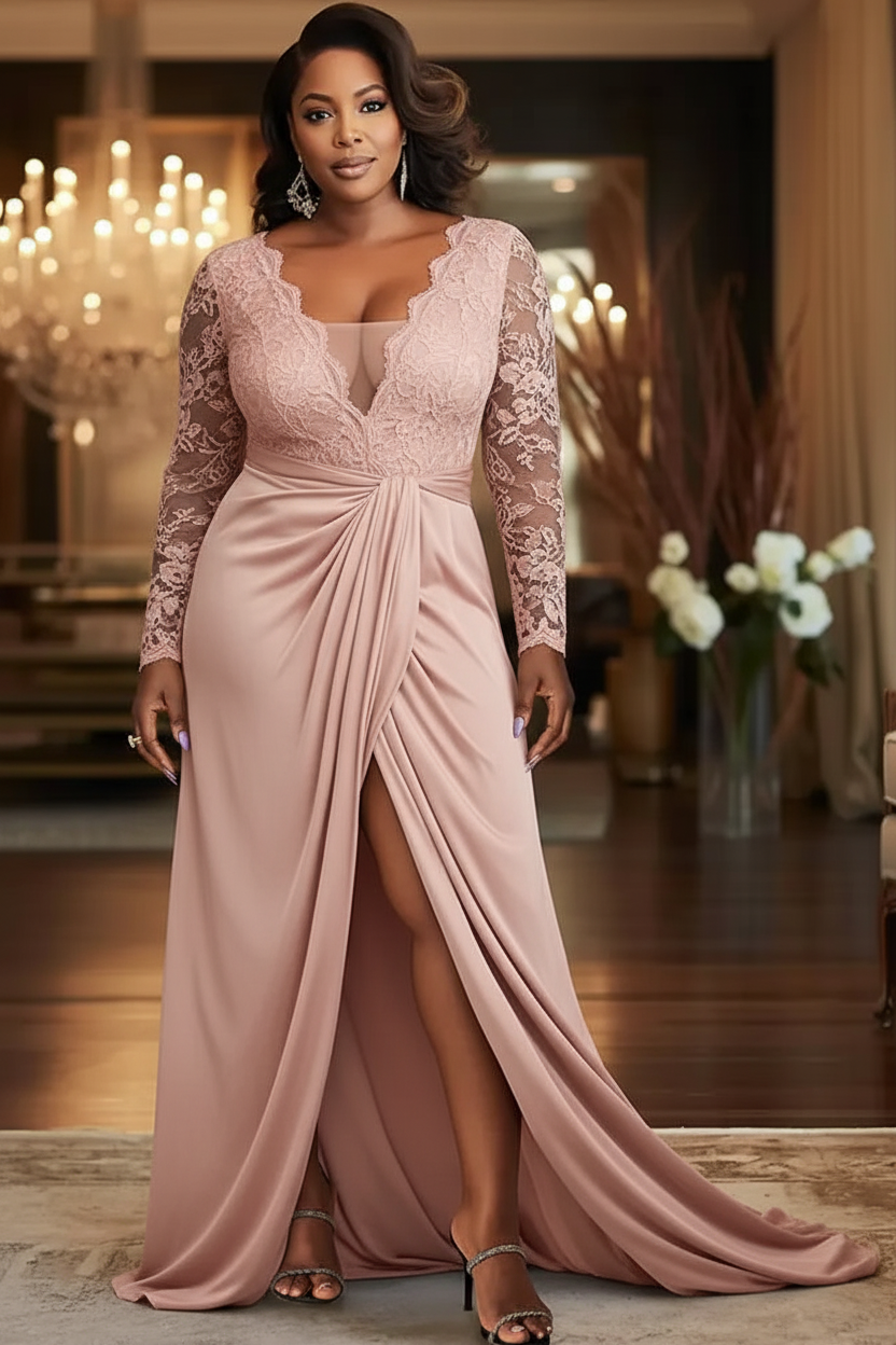 V-Neck Black Mother of the Bride Dress Long Sleeves lace Front Slit Wedding Guest Dress