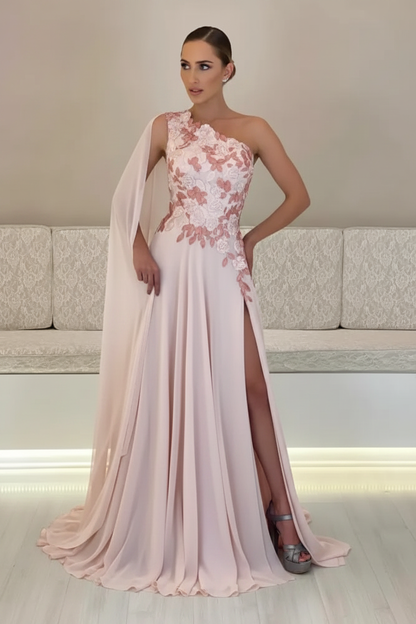 One-Shoulder Sleeveless Chiffon Evening Dresses Long with Side Slit