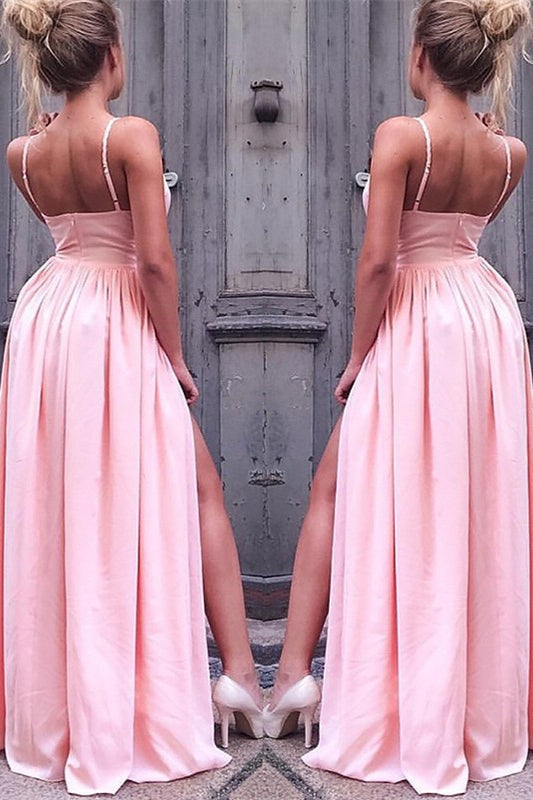 Blush Pink Prom Gown with Flirty Spaghetti Straps and Daring Leg Slit