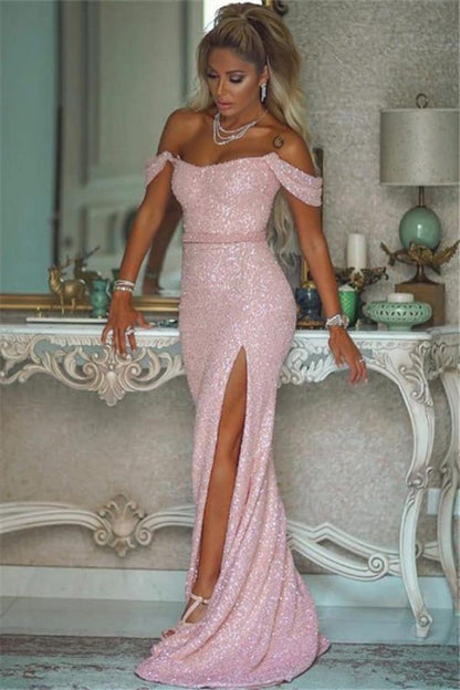 Sparkling Sequined Mermaid Prom Gown High Slit Blushing Pink Evening Dress