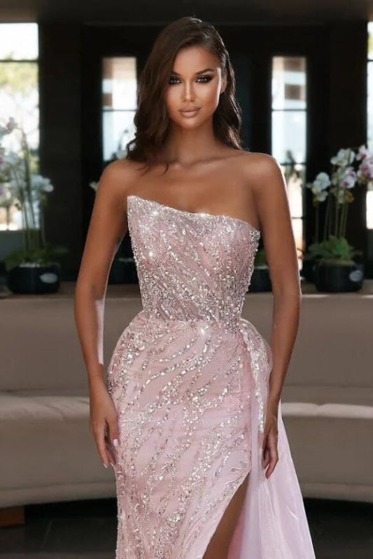 Blush Pink Strapless Mermaid Prom Dress Sequins with Ruffled Split