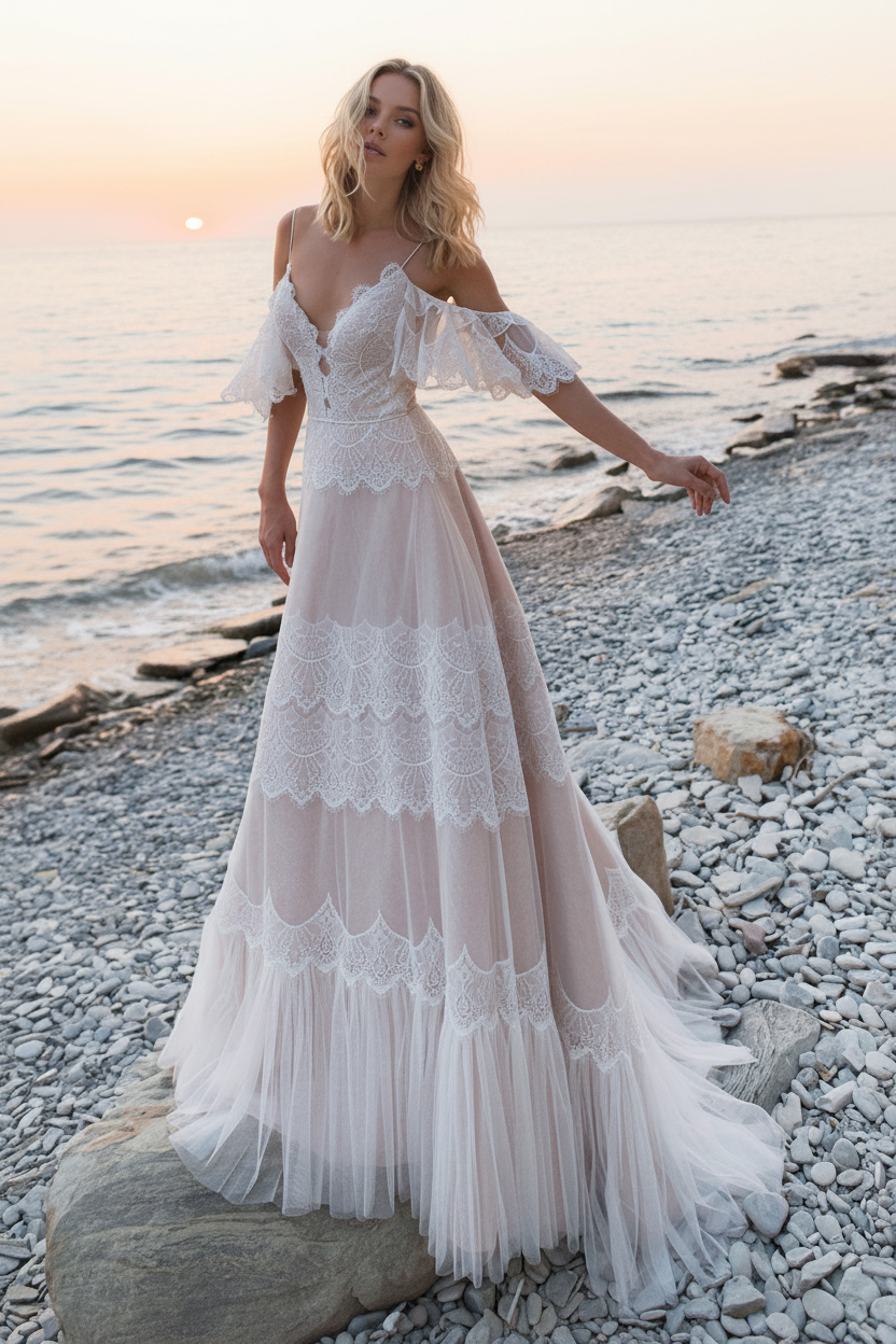 Deep V Neck A Line Boho Wedding Dresses Lace Short Sleeve Bridal Gown With Sweep Train