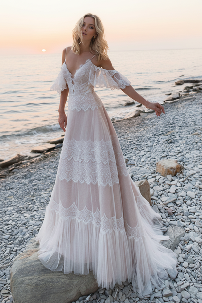 Deep V Neck A Line Boho Wedding Dresses Lace Short Sleeve Bridal Gown With Sweep Train