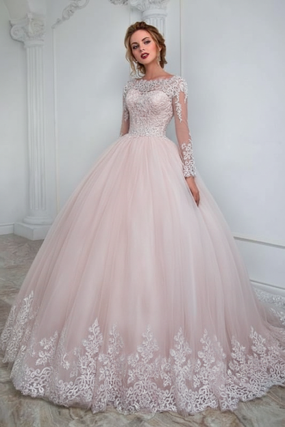 White Aline Wedding Gown Long Sleeves Tulle Bridal Dress with Lace Appliques