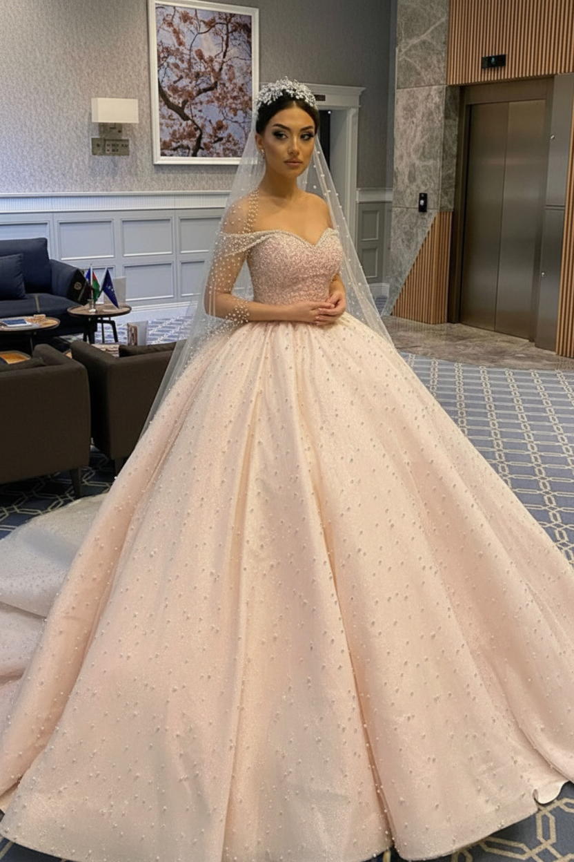 Elegant Off-the-Shoulder Backless Wedding Dress with Pearl Beading