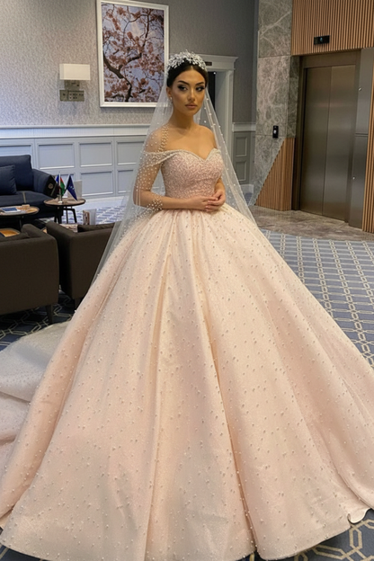 Elegant Off-the-Shoulder Backless Wedding Dress with Pearl Beading