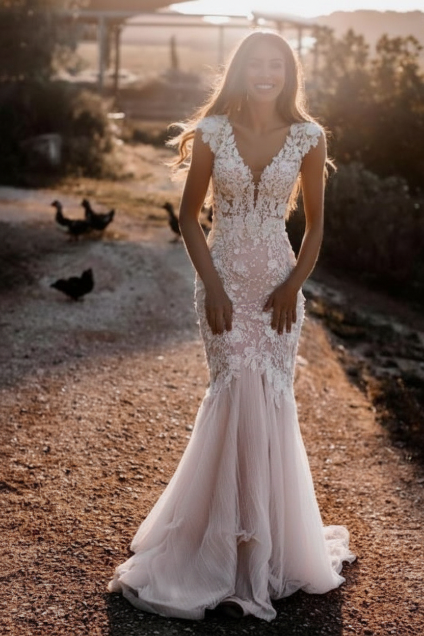 Elegant Sleeveless Mermaid Lace Wedding Dresses V-neck