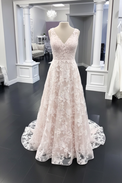 White Floral Lace Wedding Dress A Line V Neck Bridal Dress Sleeveless