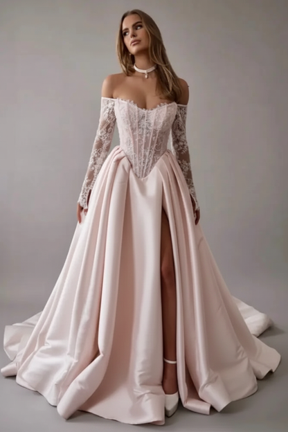 Gorgeous Off-the-Shoulder Satin Aline Wedding Dresses Front Split Long Sleeves Bridal Gown