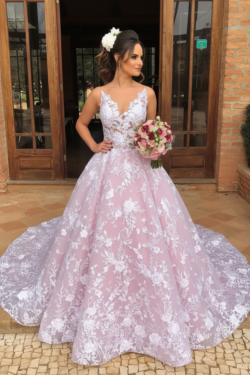 V Neck White Lace Aline Wedding Dress Sleeveless Tulle Ball Gown with Appliques
