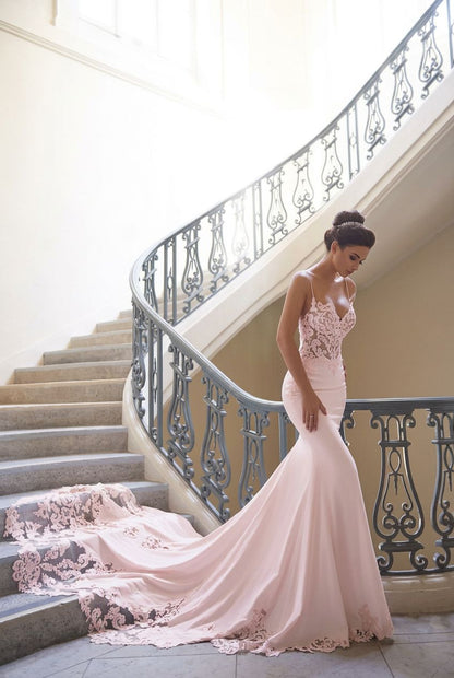Stunning Spaghetti Straps Wedding Dress | Mermaid Chiffon Lace Bridal Dress