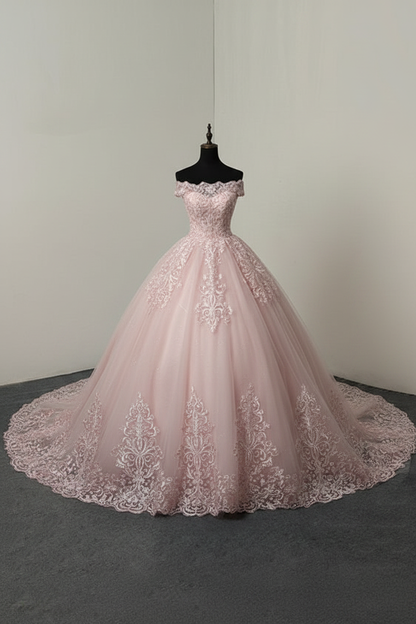 Off The Shoulder Ball Gown Wedding Dresses Short Sleeve Lace Applique Tulle Bridal Dress