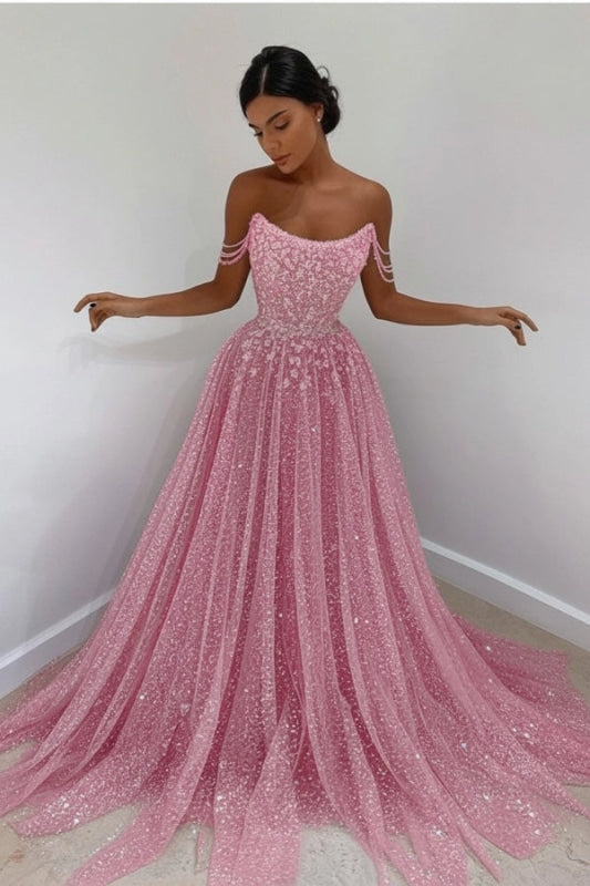 Sparkly Sky Blue Off-the-Shoulder Prom Dress Long with Sequins
