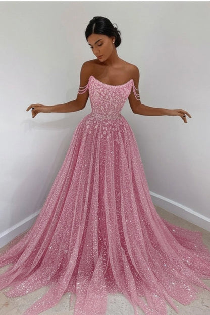 Sparkly Sky Blue Off-the-Shoulder Prom Dress Long with Sequins