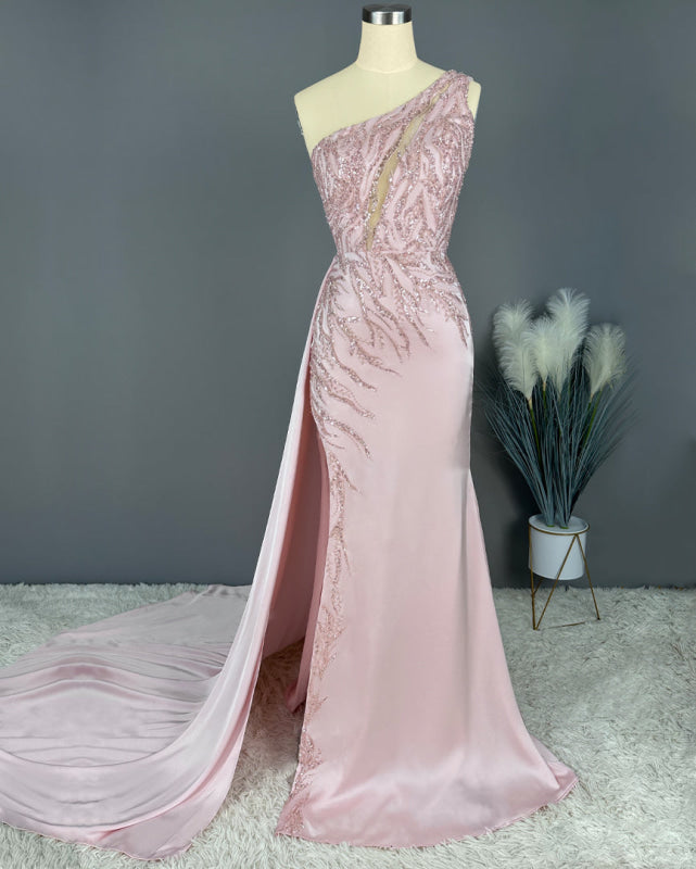 Blushing Pink Prom Dress Long Mermaid Sequins Sleeveless One Shoulder Evening Dress