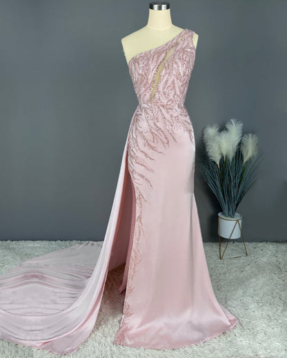 Blushing Pink Prom Dress Long Mermaid Sequins Sleeveless One Shoulder Evening Dress