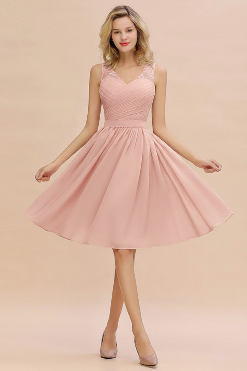 Elegant Ruffle Chiffon Short Bridesmaid Dress Sleeveless V-Neck Aline Knee Length Homecoming Dress