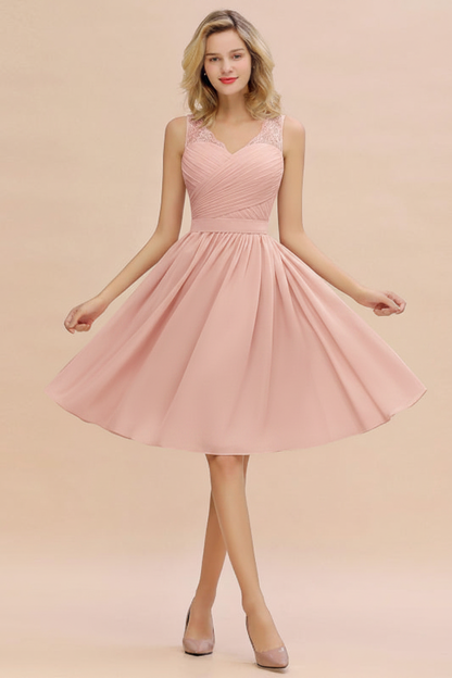 Elegant Ruffle Chiffon Short Bridesmaid Dress Sleeveless V-Neck Aline Knee Length Homecoming Dress