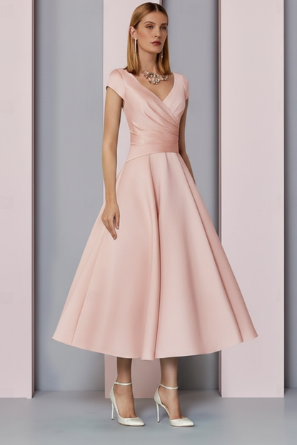 Navy Satin A-Line Mother of the Bride Dress V Neck Tea Length Wedding Guest Dress