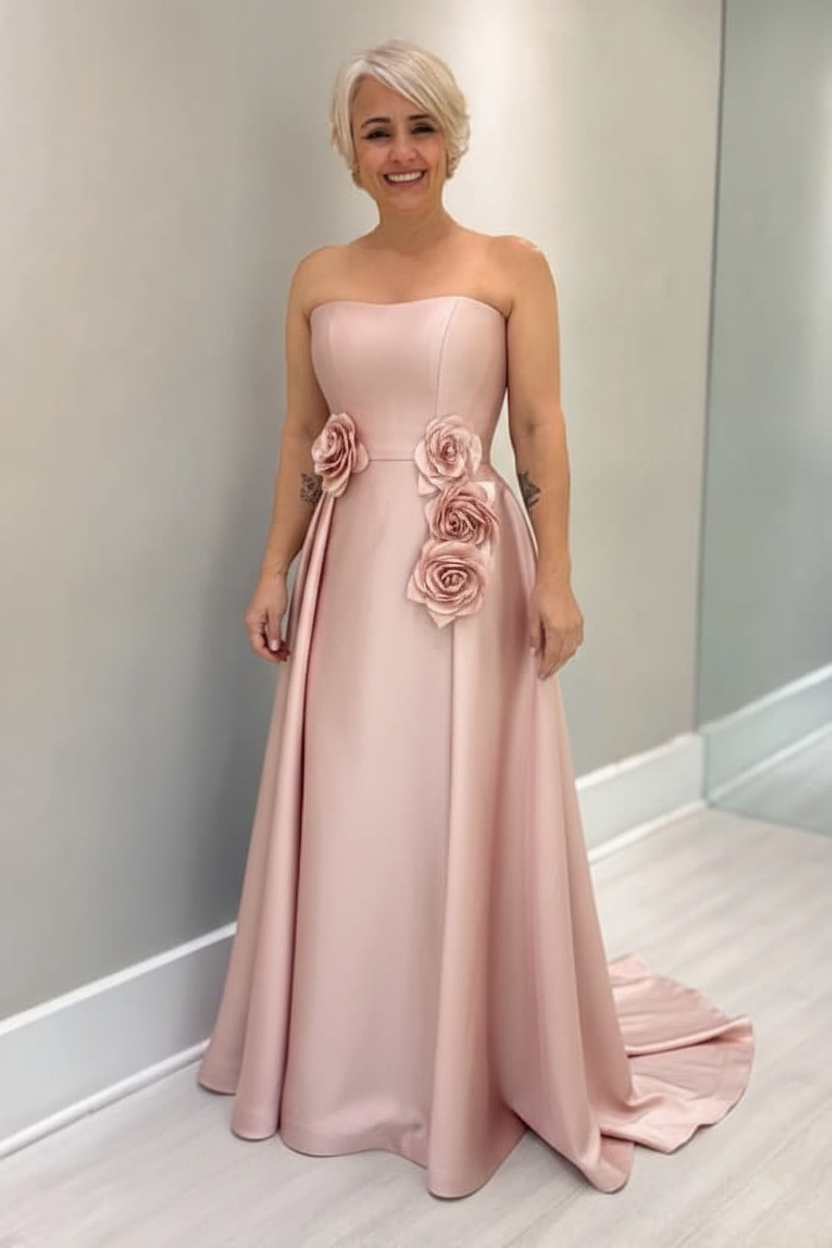 Dusty Blue Satin Mother of the Bride Dress Strapless with Flowers
