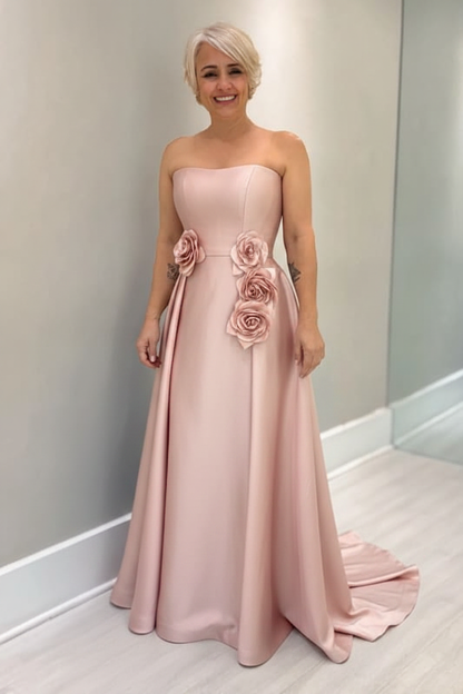 Dusty Blue Satin Mother of the Bride Dress Strapless with Flowers