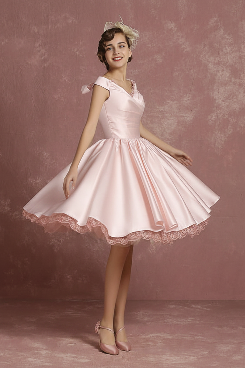 Short Wedding Dresses Satin Vintage Princess Bridal Dress Knee Length Sleeveless Lace Pleated Bridal Gown With Ribbon Bow