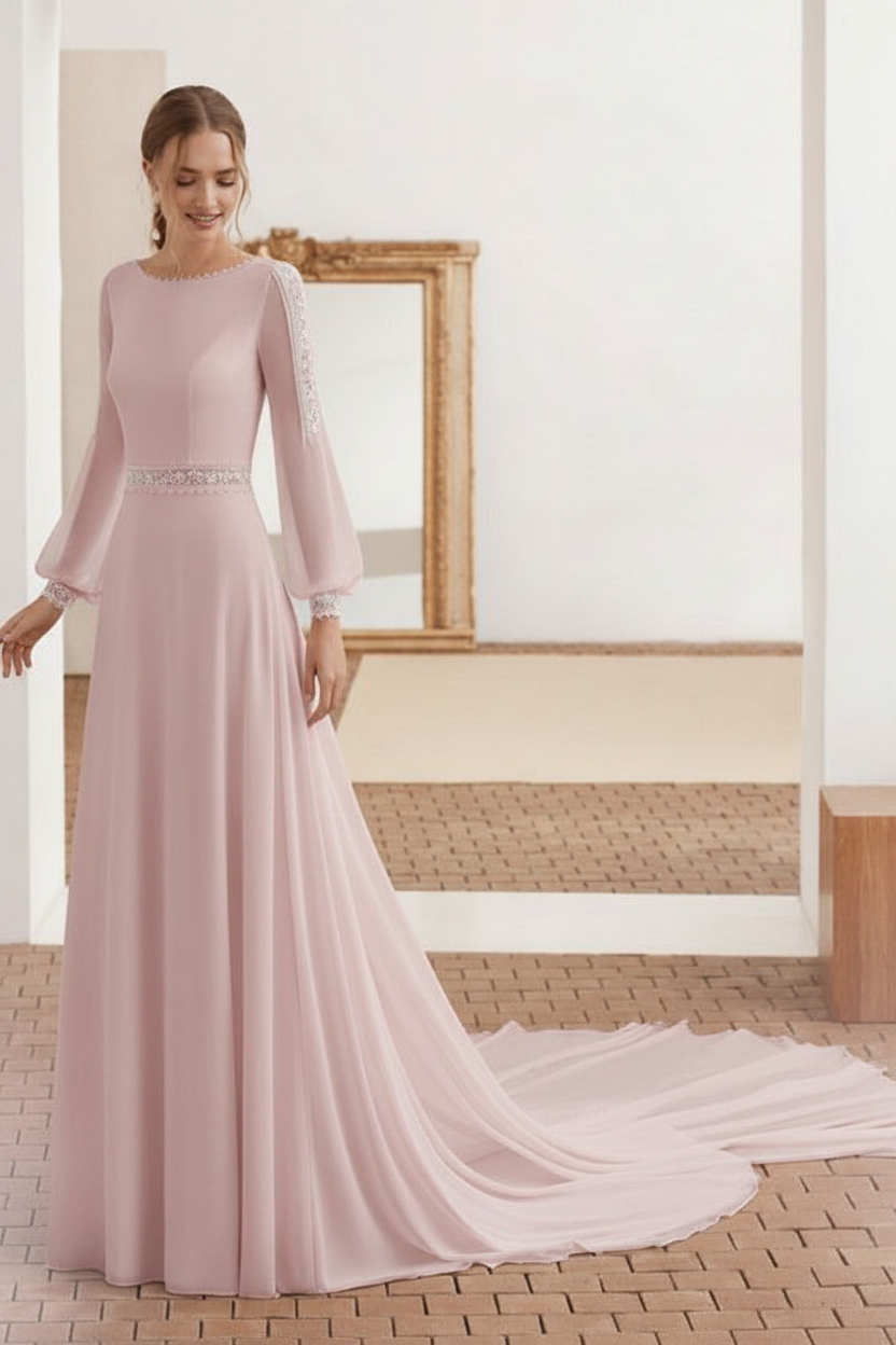 Simple Wedding Dress With Train Chiffon Halter Long Sleeves Lace A Line Bridal Dresses