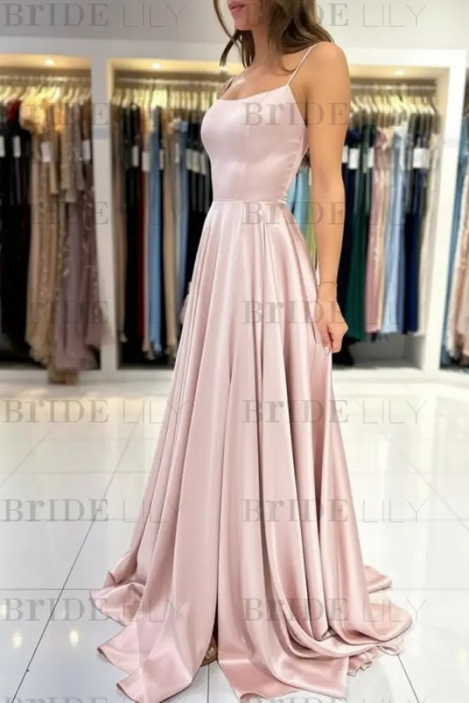 Spaghetti Straps Simple Satin Long Prom Dress with Slit