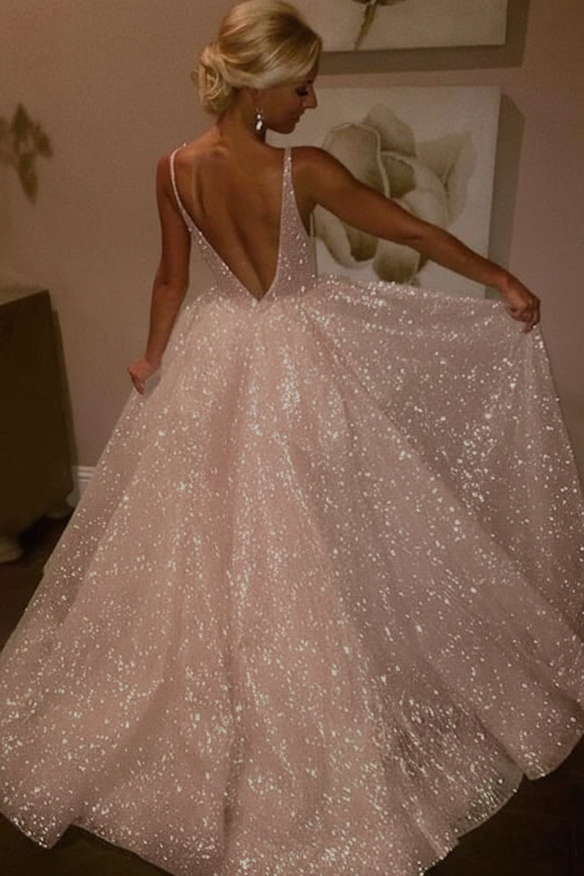 Ivory Sparkly V-neck Sleeveless Backless Floor-length Party Dress Prom Dresses