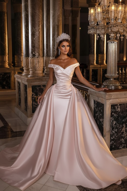 Sweetheart Backless Satin A-Line Off-The-Shoulder Bridal Gown with Ruffled Appliques