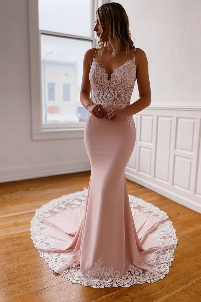 Sweetheart Spaghetti Straps Appliques Lace Mermaid Wedding Dresses with Train