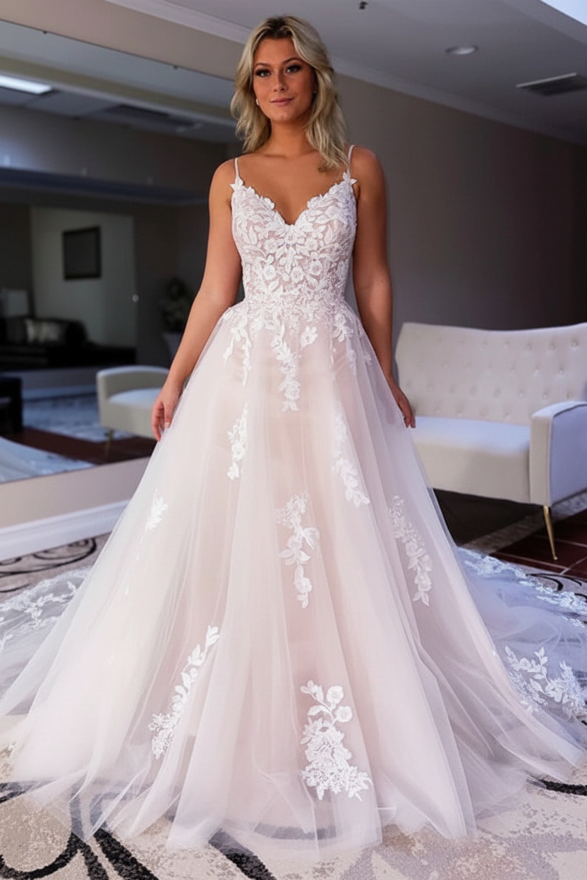 V Neck Backless Ivory Lace Wedding Dresses Tulle Aline Wedding Dress
