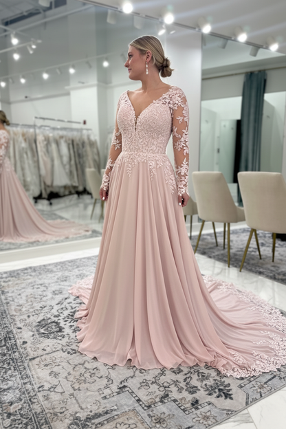 V-neck Open Back Appliques Lace A-Line Wedding Dresses Long Sleeve