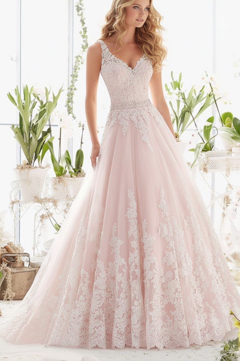 Wedding Dresses V Neck Sleeveless A Line Lace Beaded Sash Bridal Dresses With Train