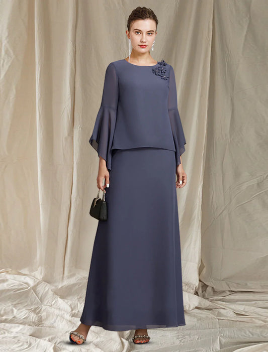 wholesale A-Line Mother of the Bride Dress Plus Size Elegant Jewel Neck Ankle Length Chiffon Long Sleeve with Flower