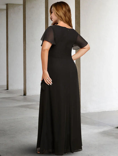 A-Line Plus Size Curve Mother of the Bride Dresses Elegant Cape Dress Dress Formal Wedding Guest Floor Length Sleeveless Jewel Neck Chiffon with Ruched Crystals